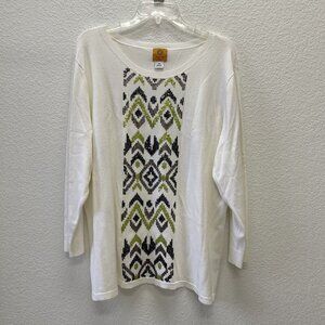 Ruby Rd Womens 2X Sweater Sequins White Round Neck Pullover Green Embellisment